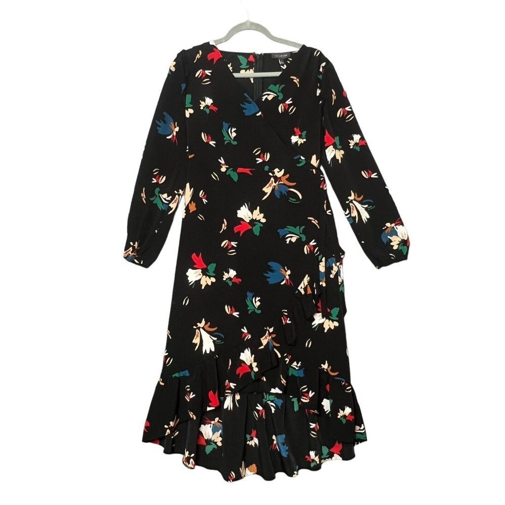 NWT The Limited Black Maxi\Midi Dress Womens Sz 2 Flower Toss Ruffle Hem Casual